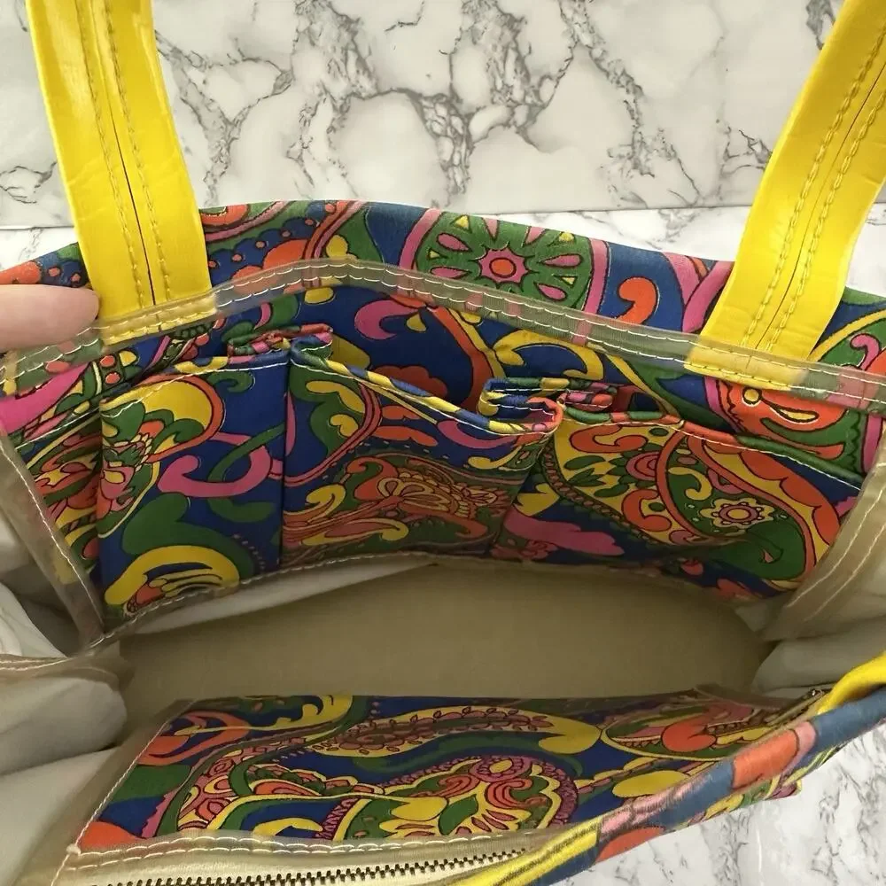 Vintage 70s Tote Bag Purse Green Yellow Paisly Floral Canvas Funky Top Handle